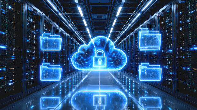 Cloud security concept with locked cloud icon and glowing data folders in secure server aisle conveying protection and confidence