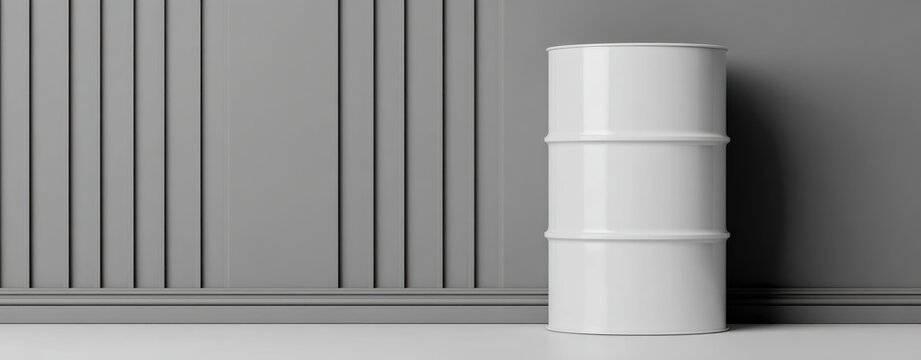 White metal oil drum standing against grey wainscoted wall with copy space for industrial design minimalist interior