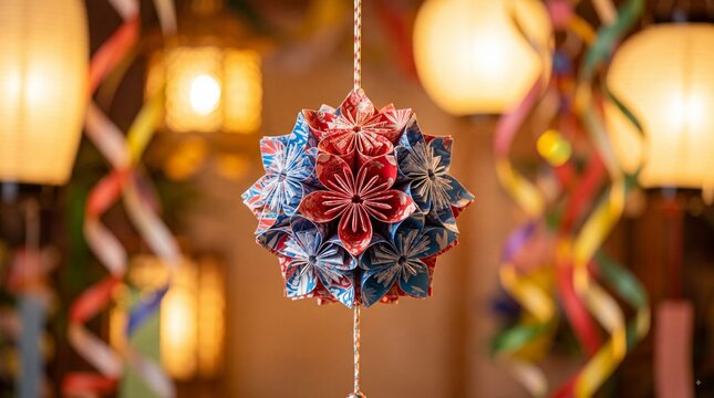 Traditional Japanese origami kusudama flower decoration hanging from a string with blurred warm glowing lanterns in the background during a festival