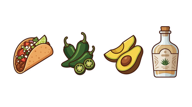 Taco, chili peppers, avocado halves, and tequila bottle are displayed as a set of isolated vector icons.