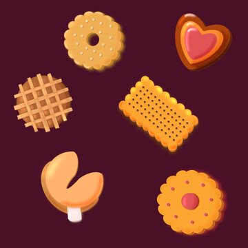 illustration-sticker pack of different cookies: chocolate chip, butter, sugar, gingerbread, oatmeal, peanut butter, snickerdoodle, fortune cookie on dark brown background, food and drinks edition