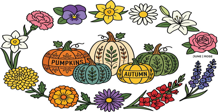 Autumn themed seasonal wreath with decorative pumpkins and monthly floral symbols seasonal botanical illustration calendar carnation daffodil larkspur gladiolus marigold chrysanthemum