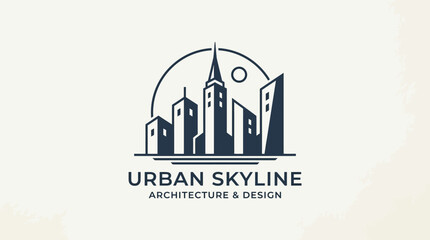 Fototapeta premium Elegant minimalist city skyline logo design featuring modern high-rise buildings and architectural structures, ideal for real estate, construction, and urban development branding