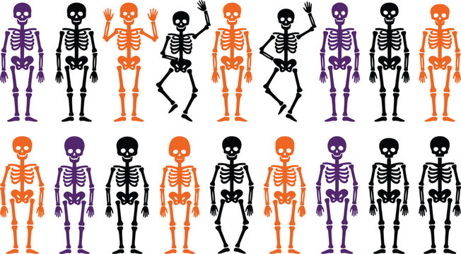 Set of colorful cartoon skeletons for halloween celebration and party design