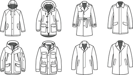 Minimalist black and white line art vector set of eight men winter jackets coats and parkas for commercial fashion design © SunilKumar