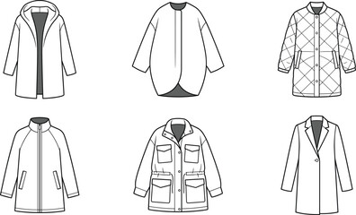 Minimalist flat color vector illustration set of women winter outerwear featuring quilted coats utility jackets and classic overcoats. © SunilKumar