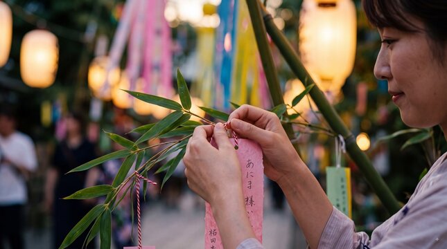 A young woman hanging a pink paper wish strip on a bamboo branch during a traditional Japanese summer festival with glowing lanterns in the background