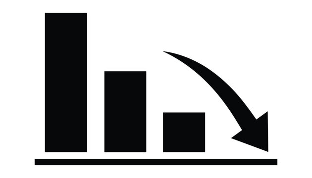 Black bar chart silhouette with a curving downward arrow showing business failure, negative growth, or financial decline.