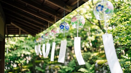 Obraz premium Traditional Japanese wind chimes known as furin hanging from a wooden roof eaves in a lush green garden during a bright summer day in Japan
