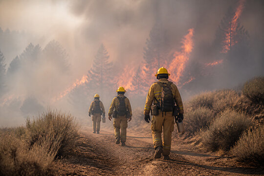 Firefighters in protective gear walk along a dirt road amidst a smoky wildfire in a dry, hilly landscape.
