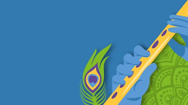 Happy Janmashtami Background with Lord Krishna Playing Flute and Peacock Feather.