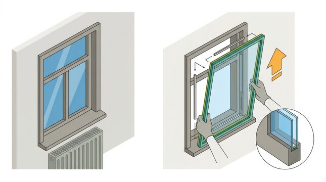 Workers install new window glazing as part of an energy upgrade in a building to improve insulation and efficiency.