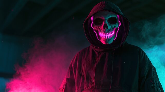 figure in techwear outfit and neon skeleton-patterned mask standing under dark bridge. scene is lit with hot pink and electric green