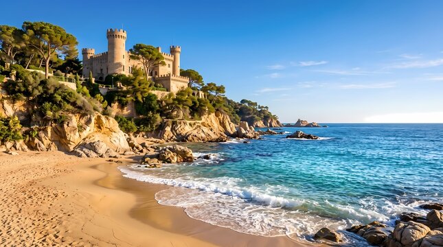 Sunny beach with castle. Crystal clear turquoise coastline. Historic seaside destination. Scenic nature illustration