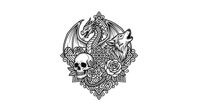 Fantasy creature dragon and wolf skull rose mandala art