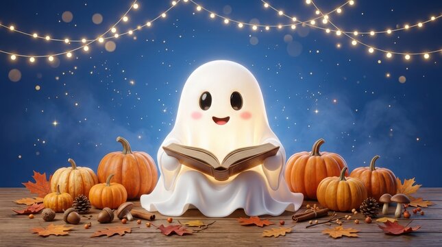 Halloween ghost reading a book surrounded by pumpkins