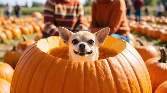 A cute small chihuahua dog sitting inside a large hollowed pumpkin in a patch.