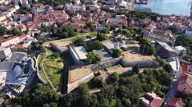 Aerial footage of Venetian Fortress (Kastel) castle in Pula city, Croatia