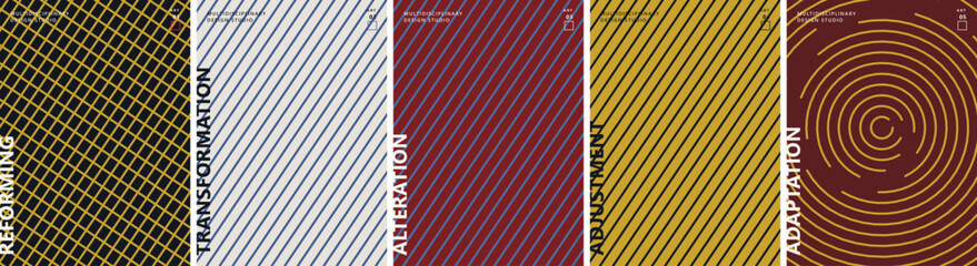Obraz premium Abstract geometric pattern poster design featuring diagonal lines and concentric circles in a minimalist multi-panel graphic composition