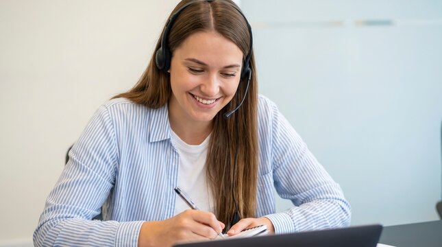Smiling young female customer support representative wearing headset writing notes during remote work video call consultation with professional video conference cheerful woman wearing