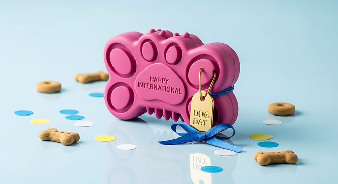 Pink paw shaped pet toy with gold tag celebration confetti on soft blue background surface with tag surrounded scattered