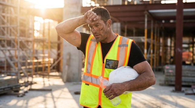 Exhausted construction worker wiping sweat from brow during break at sunny industrial building site project with depicts tired construction forehead while holding bottle sunlit building