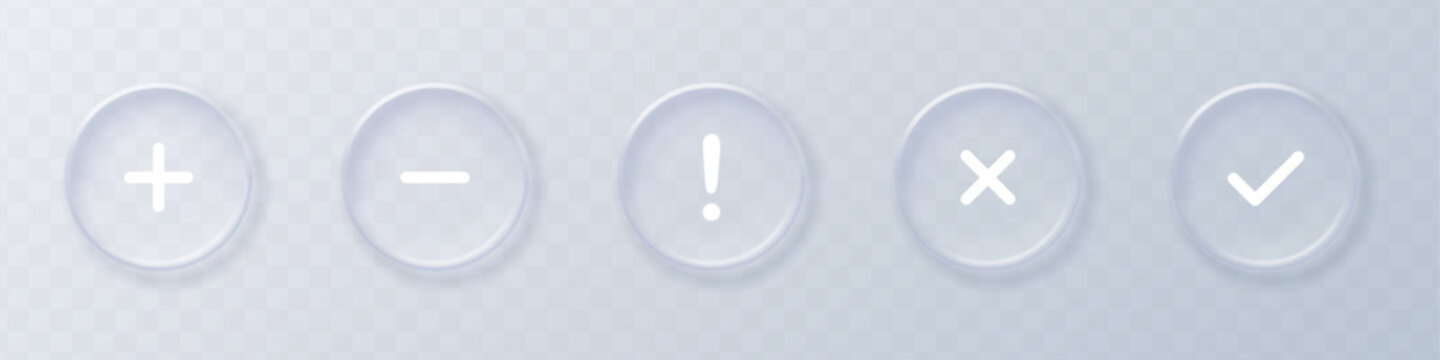 Realistic liquid glass morphism UI elements set of check mark, cross, plus, minus and exclamation mark. User interface buttons for website and mobile apps. Vector illustration