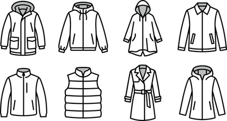 Minimalist flat vector set of winter clothing and outerwear jackets including hoodies coats vests and parkas for commercial fashion design © SunilKumar