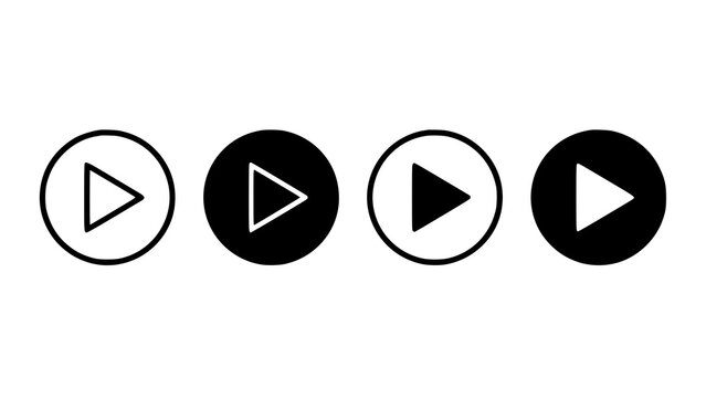 Set of four play button icons in oval shapes with various black and white styles