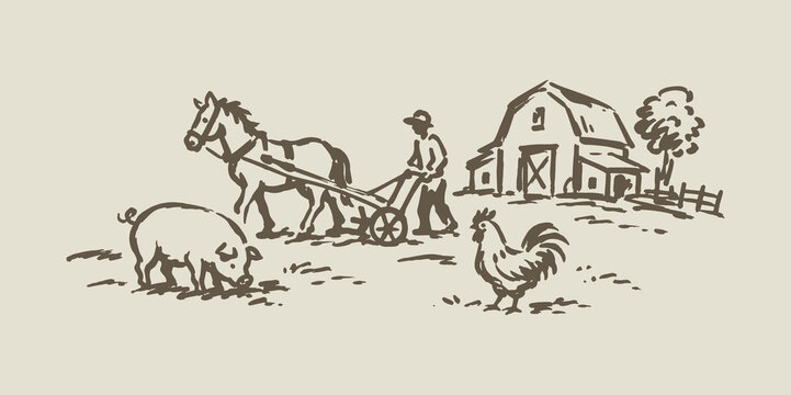 Traditional Farm Life Sketch Vector Illustration