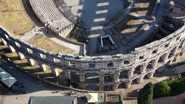 Top down view of ancient Roman Amphitheater (Arena) in Pula city, Croatia