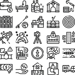 Fototapeta premium Collection of minimal black and white line icons illustrating a variety of themes, including finance, healthcare, transportation, security, and personal well being