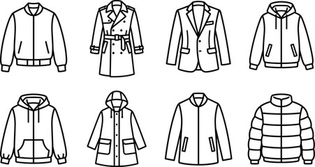 Set of black and white winter outerwear jacket and coat line art vector icons for modern fashion apparel design © SunilKumar