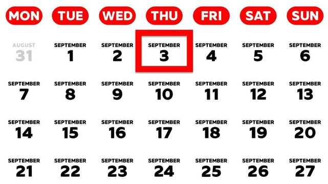 Red cursor highlighting September 3rd on a 2026 wall calendar page