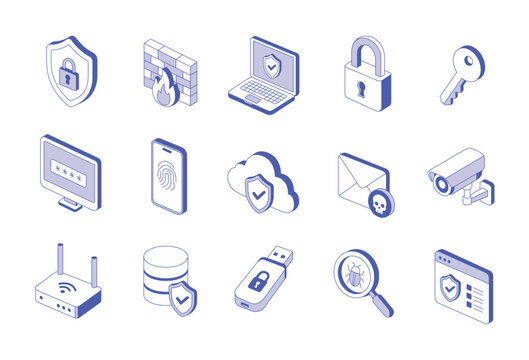 Cybersecurity and data protection isometric icons set