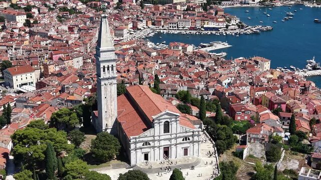 Drone shot of Church of St Euphemia (Crkva sv Eufemije) in Rovinj, Croatia