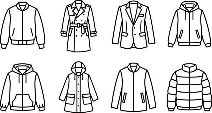 Set of black and white winter outerwear jacket and coat line art vector icons for modern fashion apparel design
