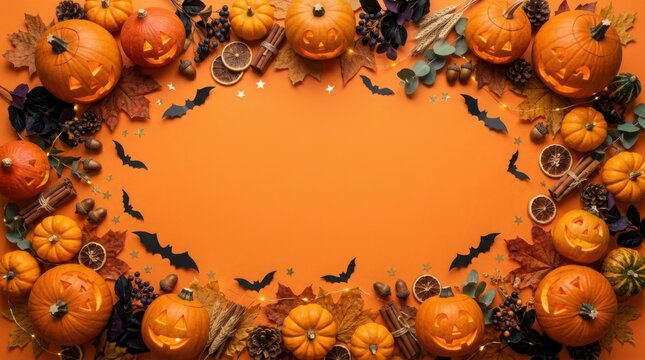 Halloween pumpkins and autumn leaves frame with halloween