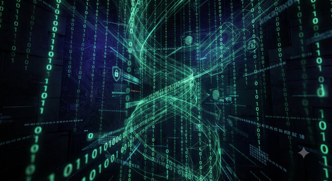 Futuristic digital technology binary code stream and cyber security data network background	미래지향적인 디지털 기술 바이너리 코드 스트림과 사이버 보안 데이터 네트워크 배경