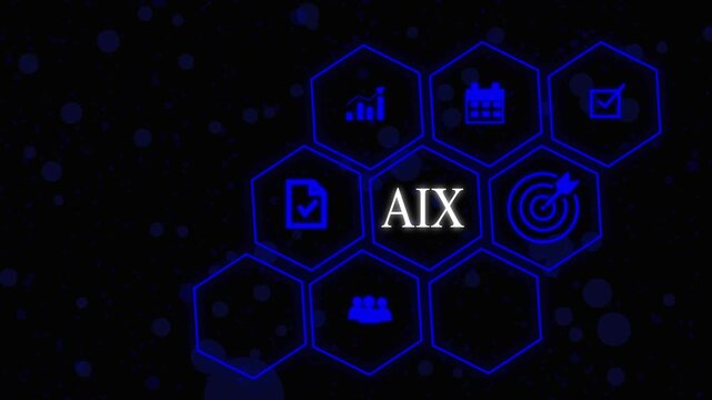 AIX Learning Management System concept. Hand holds wooden cube with AIX symbols on beautiful light background with copy space. Online business education. Electronic School icon background animation