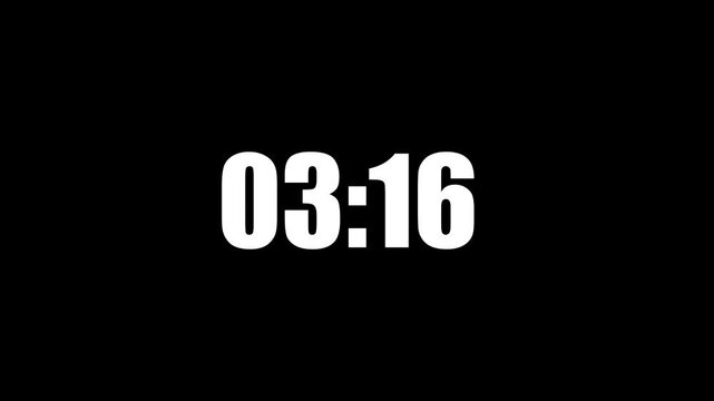 6 Minute 30 Second Digital Timer Animated Countdown Clock White Bold Numbers Display Motion Graphics Stock Overlay Isolated Black Background.