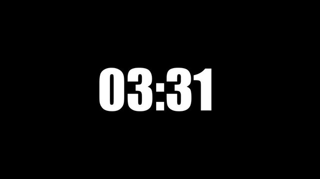 7 Minute Digital Timer Animated Countdown Clock White Bold Numbers Display Motion Graphics Stock Overlay Isolated Black Background.