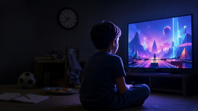Single school-age child intensely focused on a generic video game screen while homework, a clock, sports equipment, and dinner remain ignored in the background