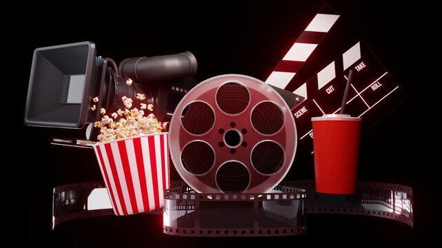 Set media, telecamera, ciak e pellicola su sfondo trasparente, rendering 3d