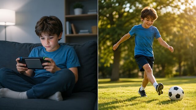 Split-screen concept showing the same child absorbed in a handheld game indoors and actively playing outdoors, contrasting passive screen use with real-world movement and engagement