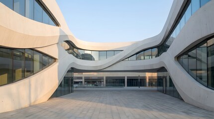 Fototapeta premium Modern architectural building with organic curved white walls and large glass windows in a bright urban setting