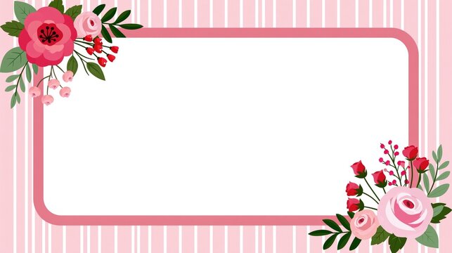 Floral pink striped background with white text frame.