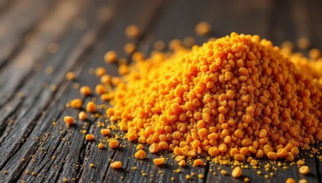 Pile of dried foxtail millet seeds on rustic surface, country, macro