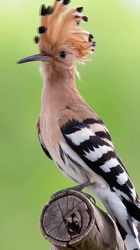 Closeup shot of a woodpecker sitting on a dry tree stem with green background