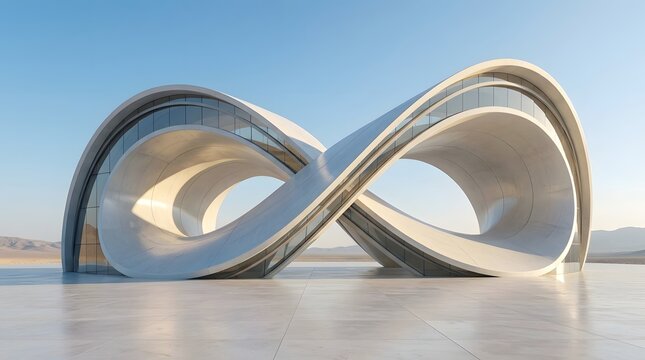 Modern abstract sculpture in the shape of an infinity symbol against a clear blue sky background